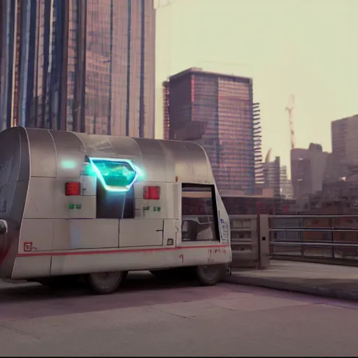 Image similar to a promotional movie still of a futuristic hovering food truck. the truck is next to a tall building. fifth element ( 1 9 9 7 ), unreal engine 5, octane 3 d, render, imax 7 0 mm