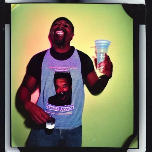 Image similar to retro 90s granular polaroid outdoors photo of an African American rapper, laughing, drinking from a plastic cup, flash photography, image artifacts