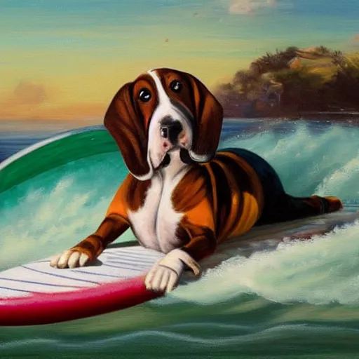 Prompt: a basset hound on a surboard, surfing a barrel wave, oil painting