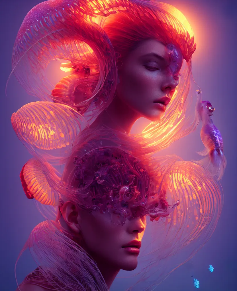 Image similar to goddess close-up portrait. orchid jellyfish phoenix head, nautilus, skull, betta fish, bioluminiscent creatures, intricate artwork by Tooth Wu and wlop and beeple. octane render, trending on artstation, greg rutkowski very coherent symmetrical artwork. cinematic, hyper realism, high detail, octane render, 8k