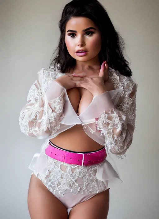 Image similar to portrait of demi rose wearing white kebaya and pink silk belt, by charlotte grimm, natural light, detailed face, beautiful features, symmetrical, canon eos c 3 0 0, ƒ 1. 8, 3 5 mm, 8 k, medium - format print, half body shot