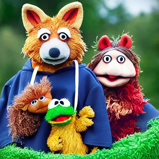 Image similar to a chibi foxfolk muppet druid wearing a hooded cloak holding a small muppet animal with a small herd of random muppet animals following behind, sesame street, photograph, photography, ultrarealistic, national geographic