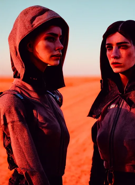 Image similar to cinestill 5 0 d photographic portrait of two sultry loving female androids wearing rugged black techwear on a desolate plain with a red sky, extreme closeup, cyberpunk style, garters, dust storm, 8 k, hd, high resolution, 3 5 mm, f / 3 2, ultra realistic faces, ex machina