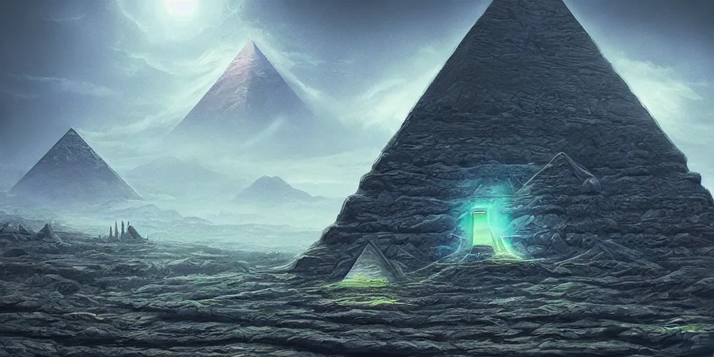 Prompt: an alien pyramid landscape , art station, landscape, concept art, illustration, highly detailed artwork cinematic, hyper realistic painting