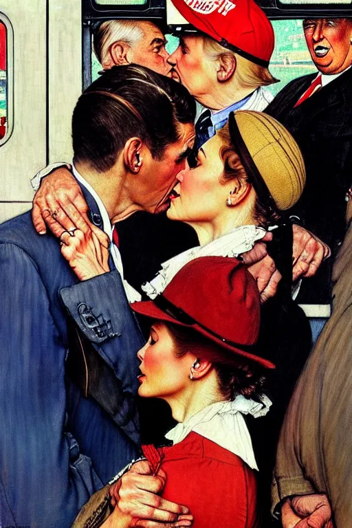 Image similar to romantic couple reunited in a train station, norman rockwell painting of donald trump kissing donald trump