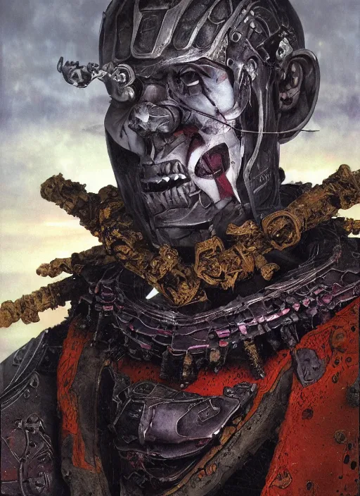 Image similar to portrait of a diabolical cyborg clown samurai, torn cape, adaptive armor, dynamic pose, heavy eyes to the side, ancient ruins, glowing veins subsurface scattering, in clouds, sunset, portrait, by gerald brom, by mikhail vrubel, by peter elson, muted colors, extreme detail, reflections, trending on artstation, 8 k