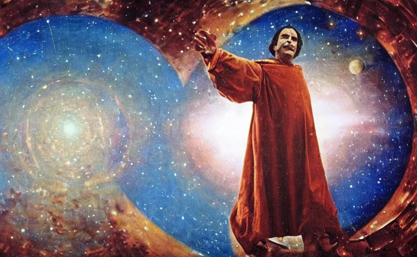 Image similar to scene from cosmologica ( 1 9 6 9 ), a movie by luchino visconti terry gilliam showing a man played by mastroianni leaving the medieval cosmos to enter the new modern universe in the style of ( ( ( renaissance cosmological painting ) ) ). blue sky with a lot of stars and planets. cinematic, technicolor, direct lighting