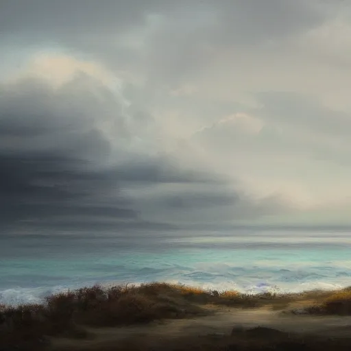 Image similar to a ranch by a ocean cliff, gray skies, aesthetic, oil painting, pale colors, high detail, 8 k, wide angle, trending on artstation,