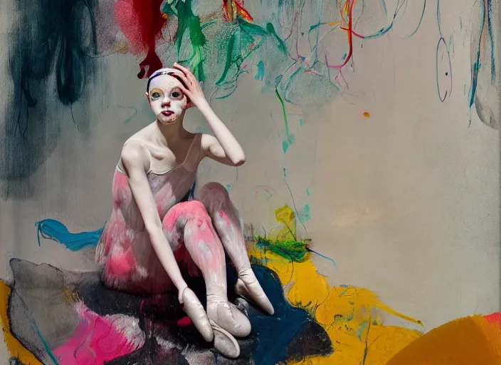 Image similar to portrait of nervous young girl ballerina sitting on the floor focusing in a dance hall by hernan bas and francis bacon and alberto seveso and pat steir and hilma af klint, psychological, symmetrical face, dripping paint, washy brush, matte painting, rendered in octane, altermodern, masterpiece