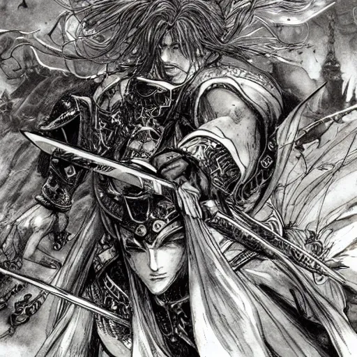 Image similar to a golden handsome magic swordsman with glides through a beautiful battlefield magic the gathering dramatic esoteric pen and ink illustrated in high detail by Yoshitaka Amano