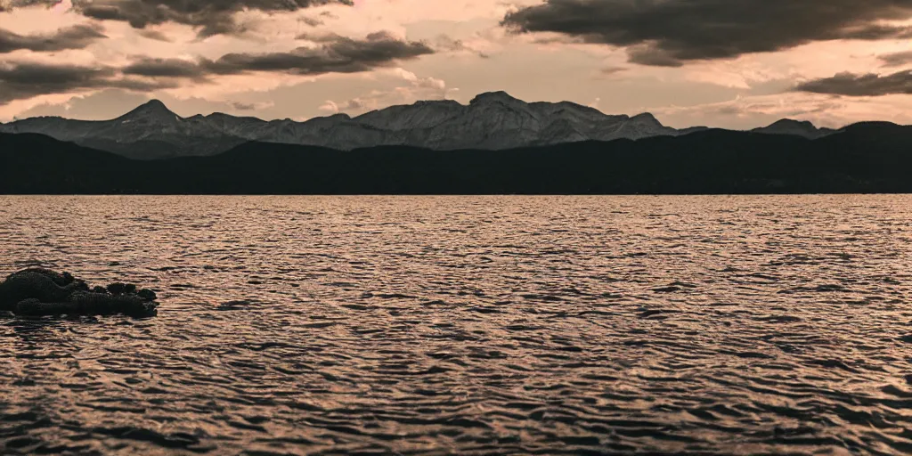 Image similar to a bundle of rope floating in the water in the middle of a lake, a rocky shore in the foreground, mountains in th ebackground, sunset, a bundle of rope is in the center of the lake, eerie vibe, leica, 2 4 mm lens, 3 5 mm kodak film, directed by charlie kaufman, f / 2 2, anamorphic