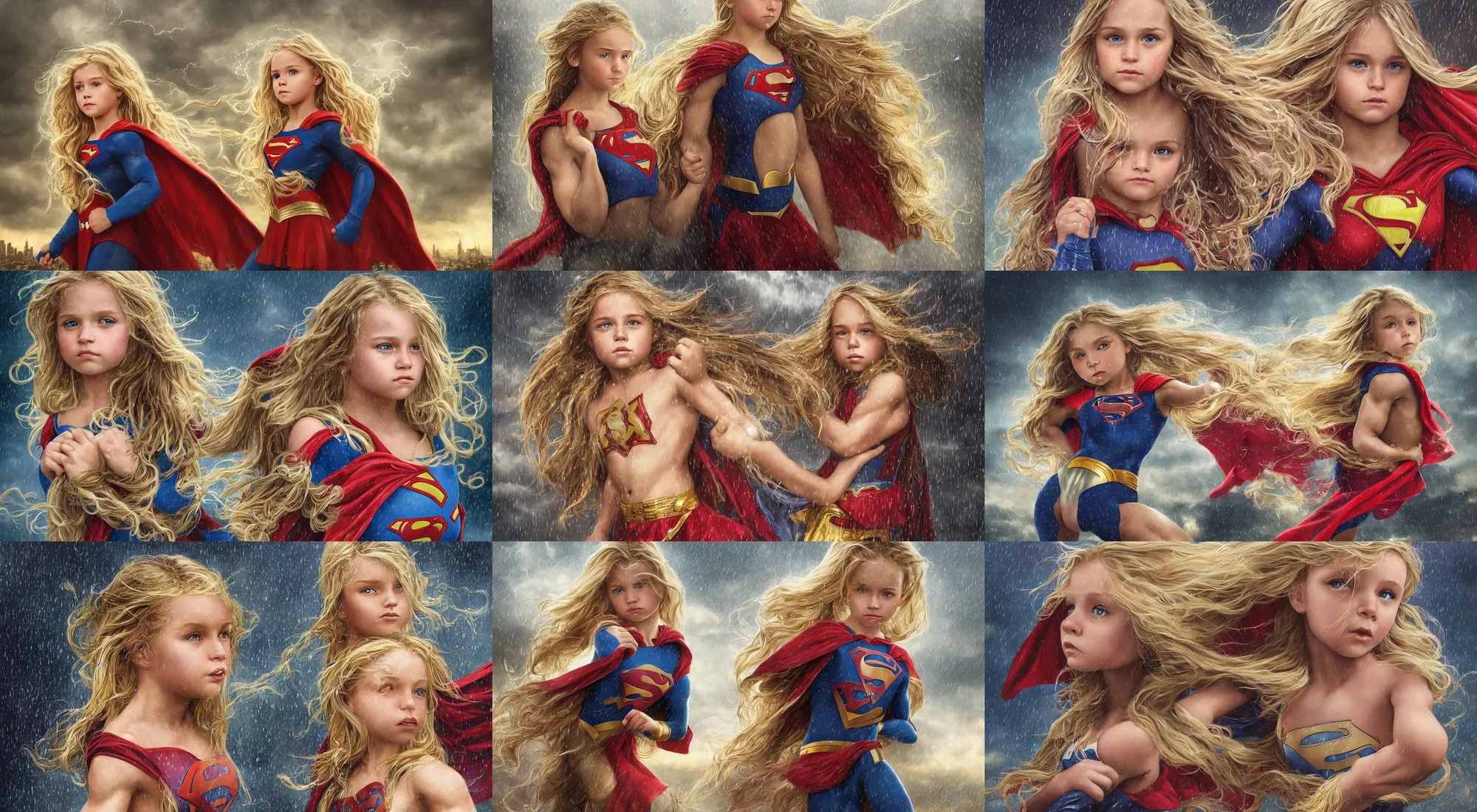 Image similar to epic portrait of a little bodybuilder supergirl with a concentrated face and extremely long blonde wavy hair, light rain, thunder storm background, intricate detailed face, city background, steve argyle, greg rutkowski, alphonse mucha, francine van hove