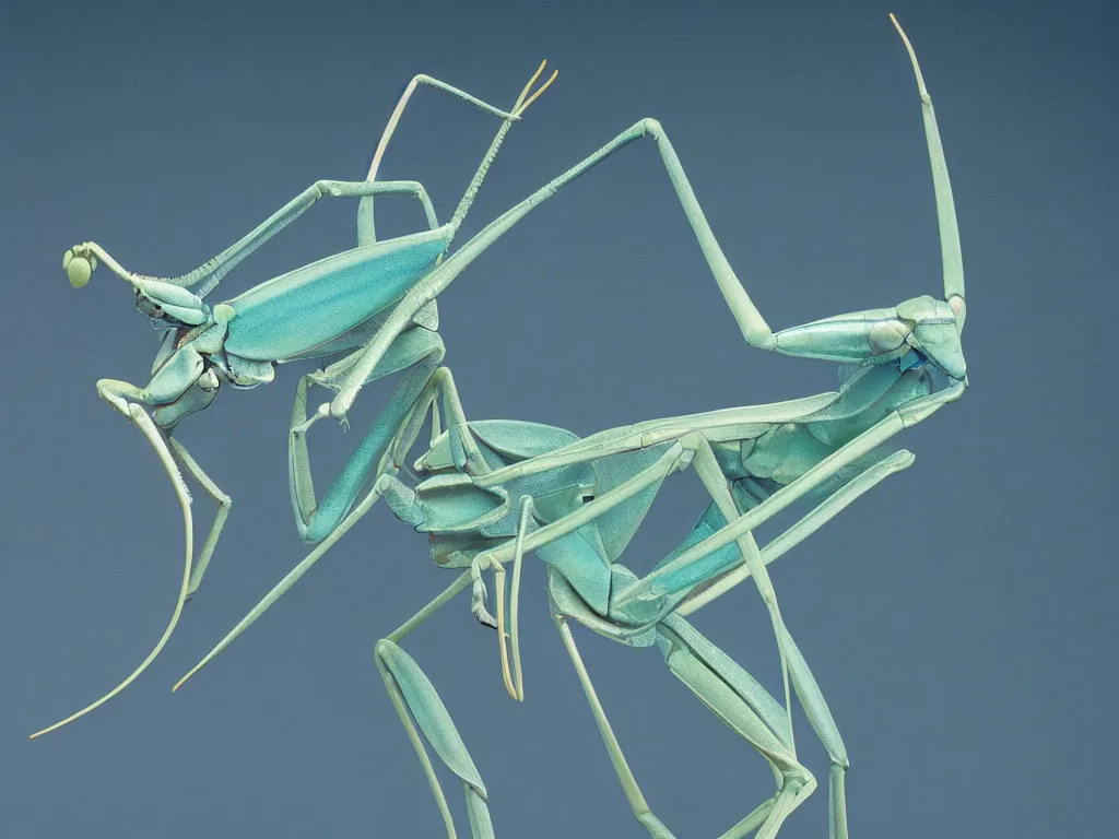 Prompt: close - up of a blue praying mantis. orchid mantis standing. petri dish art. subsurface scattering, translucency, backlit, diffused, smooth. studio photography high quality highly detailed award winning photograph by national geographic, by slim aarons. complementary color scheme. ( sculpture by antonio canova )