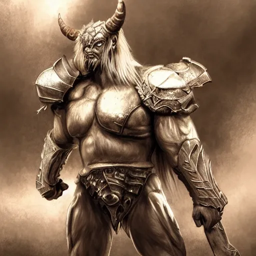 Image similar to Giant minotaur humanoid beast warrior with two handed axe, human face, concept art, heavy white and golden armor, giant taurus horns, long mane, full body, muscular, dungeons and dragons, hyperrealism, high details, digital painting, dark fantasy, grim helmet