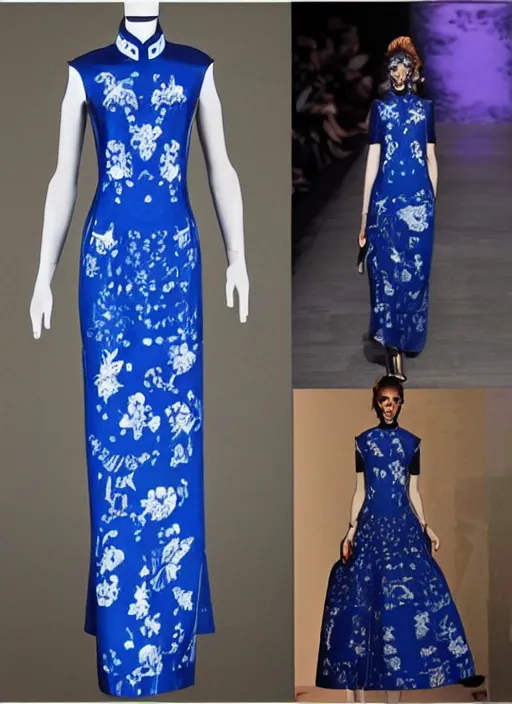 Image similar to blue qipao dress, dress design by alexander mcqueen