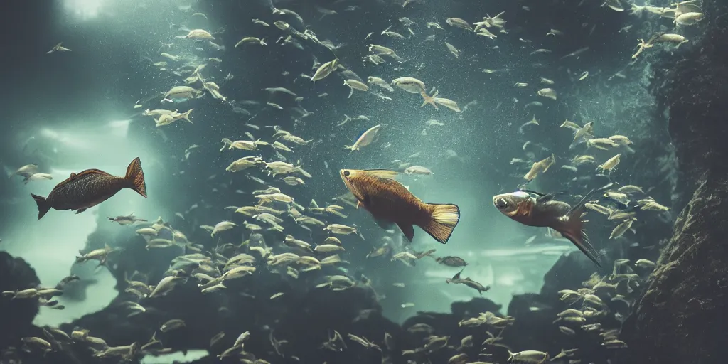 Prompt: a fish and bird war in an aquarium, low angle, light through the mist, dramatic lighting, photorealistic, cinematic lighting, high detail, cinematic feel, high octane, 4K, photography