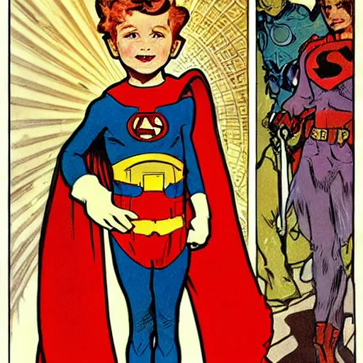 Prompt: a cute little boy with a mischievous face and short ginger hair. he is dressed as a superhero. well composed, clean elegant painting, beautiful detailed face. painting by steve ditko and jack kirby and ( alphonse mucha )