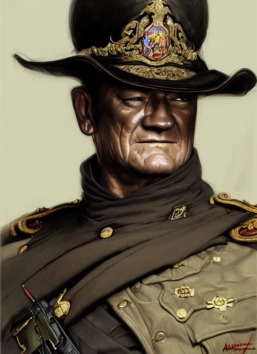 Prompt: portrait of supreme leader john wayne, royalty, extravagant, lord, full body, military uniform, fantasy, intricate, elegant, beautiful, highly detailed, charcoal, centered, dark, smokey, digital painting, artstation, concept art, art by artgerm and greg rutkowski and alphonse mucha