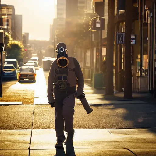 Image similar to man in a gasmask screaming walking down the streets of seattle, sunlight, sunny day, full shot