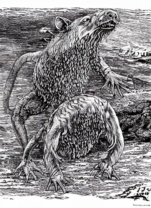 Image similar to a montauk monster as a D&D monster, full body, pen-and-ink illustration, etching, by Russ Nicholson, DAvid A Trampier, larry elmore, 1981, HQ scan, intricate details, Monster Manula, Fiend Folio