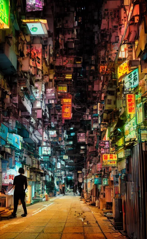 Image similar to a cyberpunk hong kong alley with robots and humans walking around by marcel deneuve