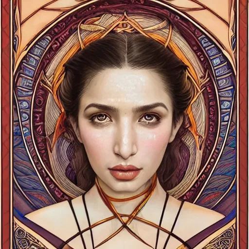 Prompt: head-on symmetrical centered painted portrait, Mahira Khan as a D&D wizard, art nouveau, tarot card style, medieval robes, fantasy, intricate, elegant, highly detailed, smooth, sharp focus, illustration, artstation, in the style of Artgerm and Anna Podedworna and Alex Ross and Mucha