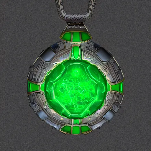 Image similar to epic metal amulet with a glowing emerald, highly detailed, concept art, beautiful, octane render, realistic, unreal engine, sharp focus