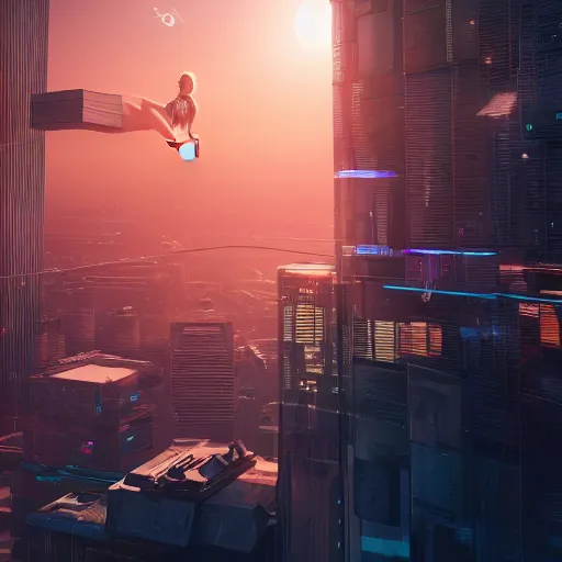 Prompt: portrait of a young cyberpunk woman on top of a building overlooking a city, a view from behind, intricate artwork by tooth wu and wlop and beeple, octane render, hyper realism, 8 k