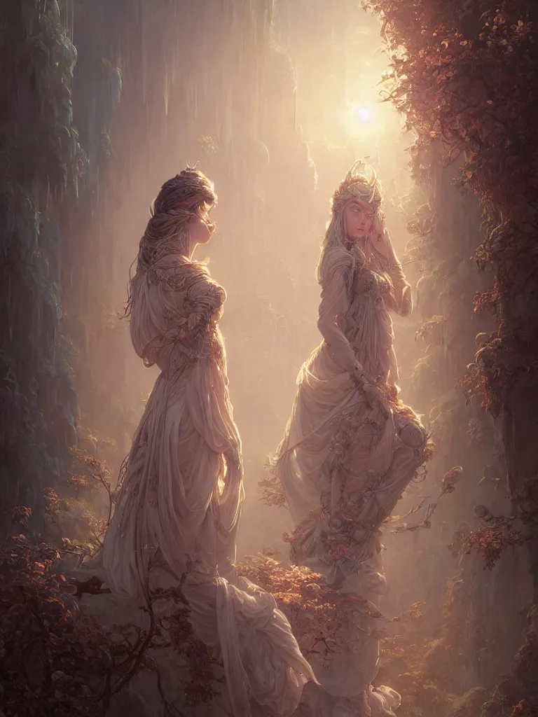 Image similar to highly detailed portrait of beautiful ethereal woman in ornate clothing, stephen bliss, unreal engine, fantasy art by greg rutkowski, loish, rhads, ferdinand knab, makoto shinkai and lois van baarle, ilya kuvshinov, rossdraws, tom bagshaw, global illumination, radiant light, detailed and intricate environment