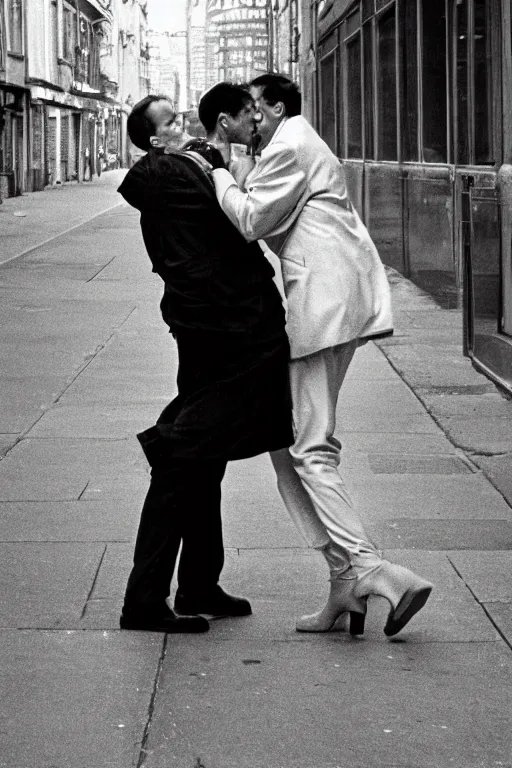 Image similar to street photo, couple of man and woman kiss on the background of the war, film photography, exposed b & w photography, christopher morris photography, bruce davidson photography, peter marlow photography