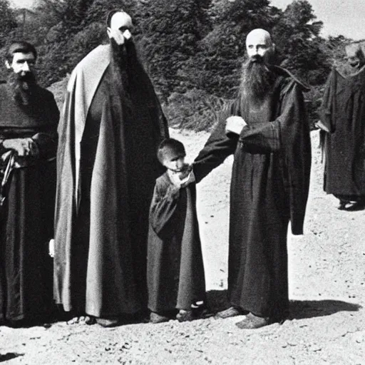 Prompt: super tall breton monks looking like rasputin, with small village woman