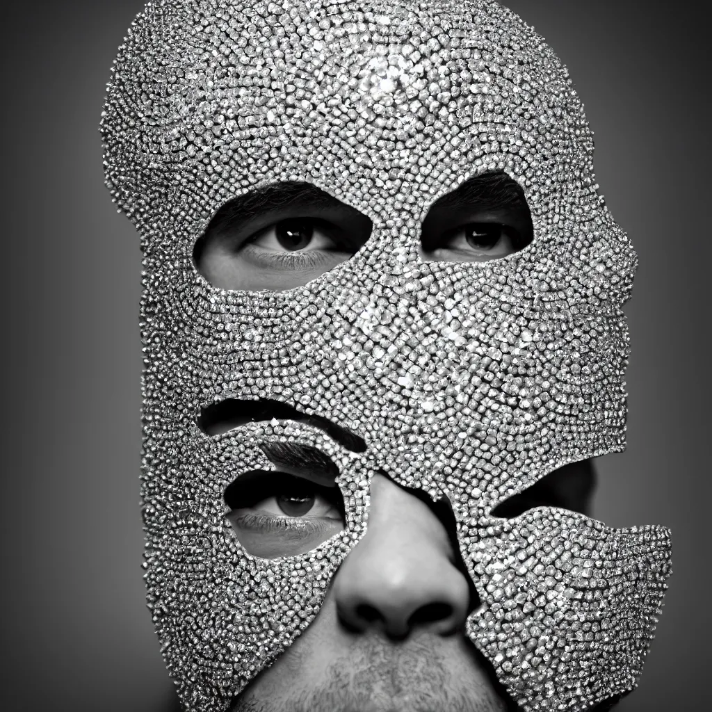 Prompt: an album cover photo portrait of a man with a diamonds mask on his head, behance contest winner, award winning, masterpiece, pop surrealism, made of diamonds, surrealist, 80mm close up (CU) f/1.8-3