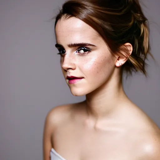 Image similar to an extremely beautiful studio photo of emma watson wearing open toe high heels and wearing a white dress, pale skin, bokeh, very very very beautiful!, hard focus, full body shot, 9 0 mm, f / 1. 4