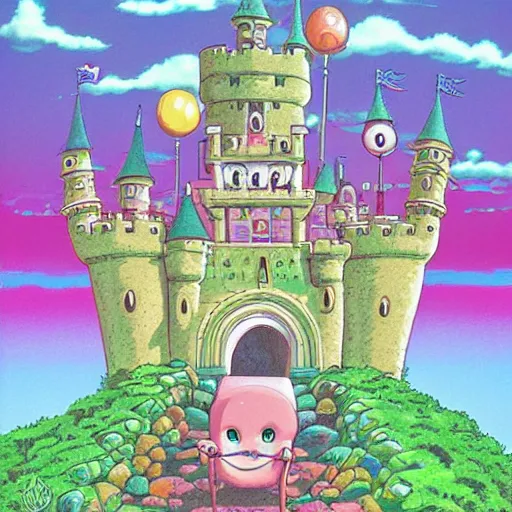 Image similar to anthropomorphic fantasy castle, a castle laughing, organic, bubbly towers and gates, eyes and tongue, surreal, cute artwork by studio ghibli, jim woodring