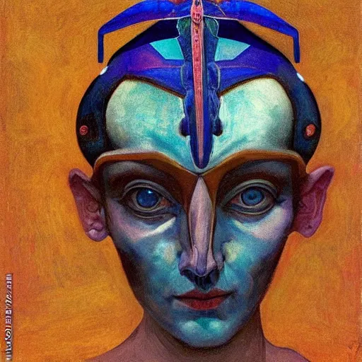 Image similar to the bone crown, by Annie Swynnerton and Nicholas Roerich and Diego Rivera, blue skin, elaborate costume, iridescent beetles, geometric ornament, rich color, dramatic cinematic lighting, smooth, sharp focus, extremely detailed