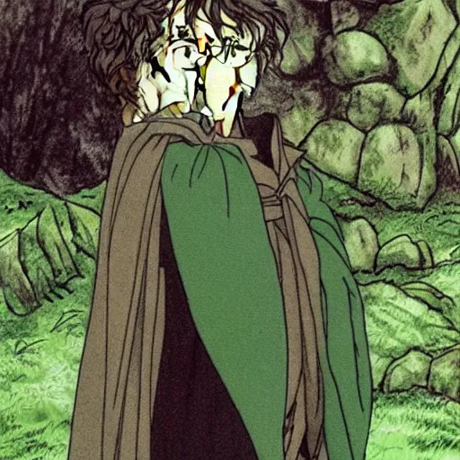 Prompt: peregrin took from the anime lord of the rings (1986), dark hair, green cape, hobbit, in the forest, studio ghibli, very detailed, realistic