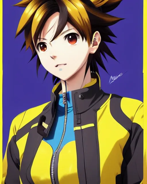 Image similar to Anime as Tracer Overwatch Tracer-Overwatch || cute-fine-face, pretty face, realistic shaded Perfect face, fine details. Anime. realistic shaded lighting poster by Ilya Kuvshinov katsuhiro otomo ghost-in-the-shell, magali villeneuve, artgerm, Jeremy Lipkin and Michael Garmash and Rob Rey brown jacket, yellow tight pants