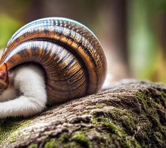 Image similar to 5 5 mm photo of a cat - snail hybrid, in a magical forest. dof. bokeh. by artgerm and greg rutkowsky. highly detailed 8 k. intricate. lifelike. realistic sony a 7 r iv. soft light. cinematic processing