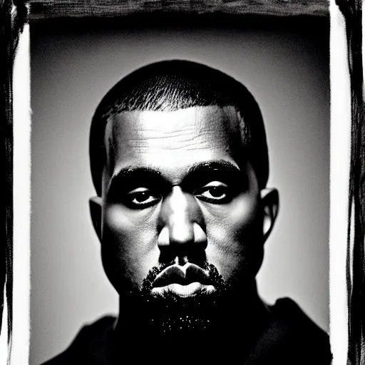 Image similar to a ( ( ( ( ( ( ( ( ( chiaroscuro lighting portrait ) ) ) ) ) ) ) ) ) ) of kanye west ( ( ( ( ( ( dressed as rick owens ) ) ) ) ) ), black background, portrait by julia margaret cameron, shallow depth of field, 8 0 mm, f 1. 8