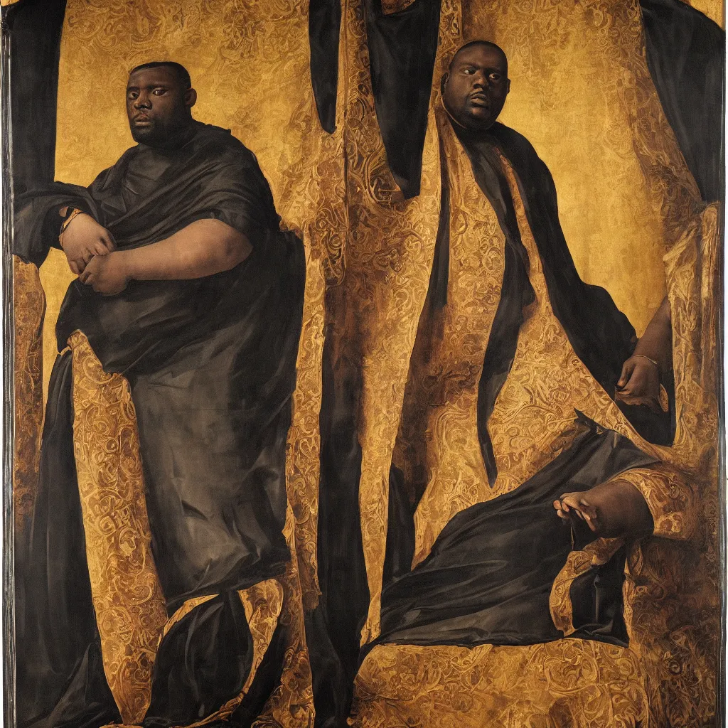 Image similar to Large black man sitting on throne wrapped in silk, background made of large folding curtains, dimly lit, dark, renaissance painting, style of carrivagio