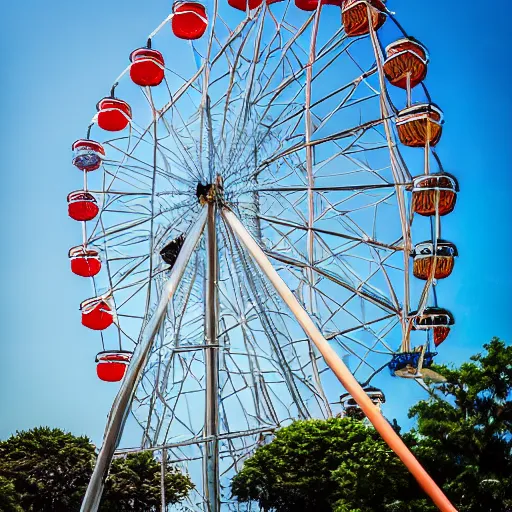 Prompt: A high-quality photo of a monkey taking a selfie on a ferris wheel on a sunny day, high saturation