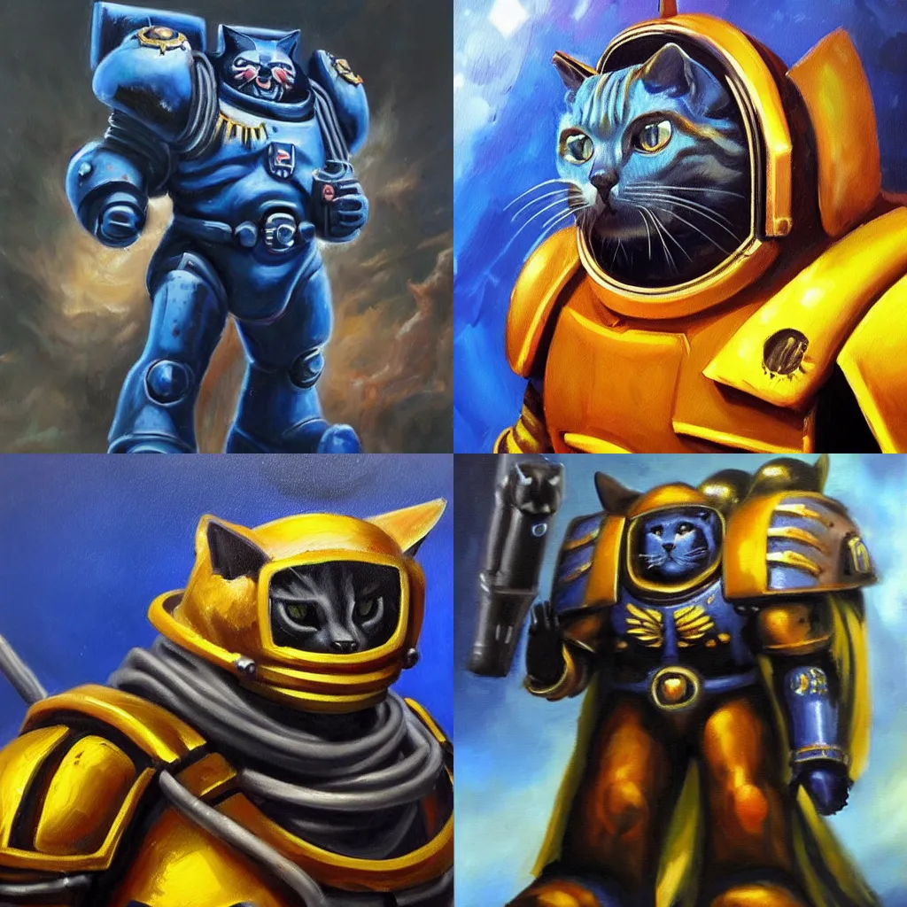 Prompt: an oil painting of a cat as a Space Marine from the Warhammer 40k, ultramarine cat, Omega Marines, big shoulderpads glorious, cinematic, realistic lighting, masterpiece painting