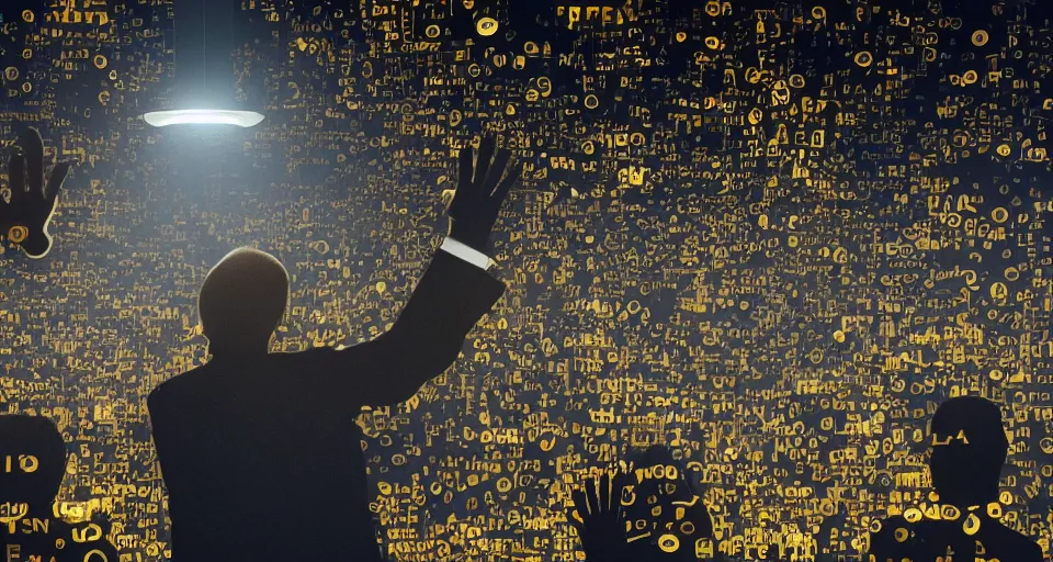 Image similar to Dramatic photo of a CEO waving goodbye in front of a group of silhouettes of his coworkers in a futuristic office. Golden coins are levitating all around them. 8k, high detail, trending on Artstation, volumetric lighting, cyberpunk