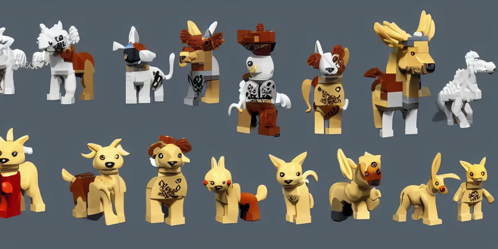 Image similar to small animals made of two or three lego bricks, four legged, quadrupedal, cute looking, kawaii, sharp focus, character sheet, game concept art