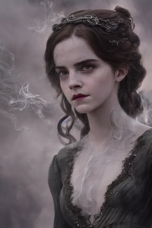 Image similar to a mix of of emma watson, anya taylor - joy and emma stone, evil sorceress witch, game of thrones scenes, hyperrealism, octane render, extremely detailed, intricate smoke magic, lace, style of mark ryden, earl nore, hyung tae, frank frazetta