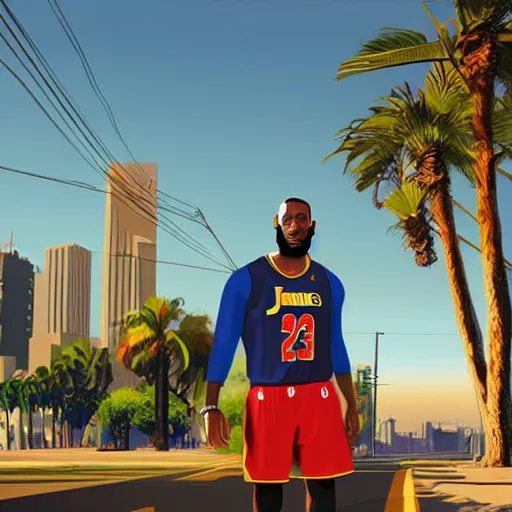 Image similar to Lebron James in GTA V . Los Santos in background, palm trees. in the art style of Stephen Bliss