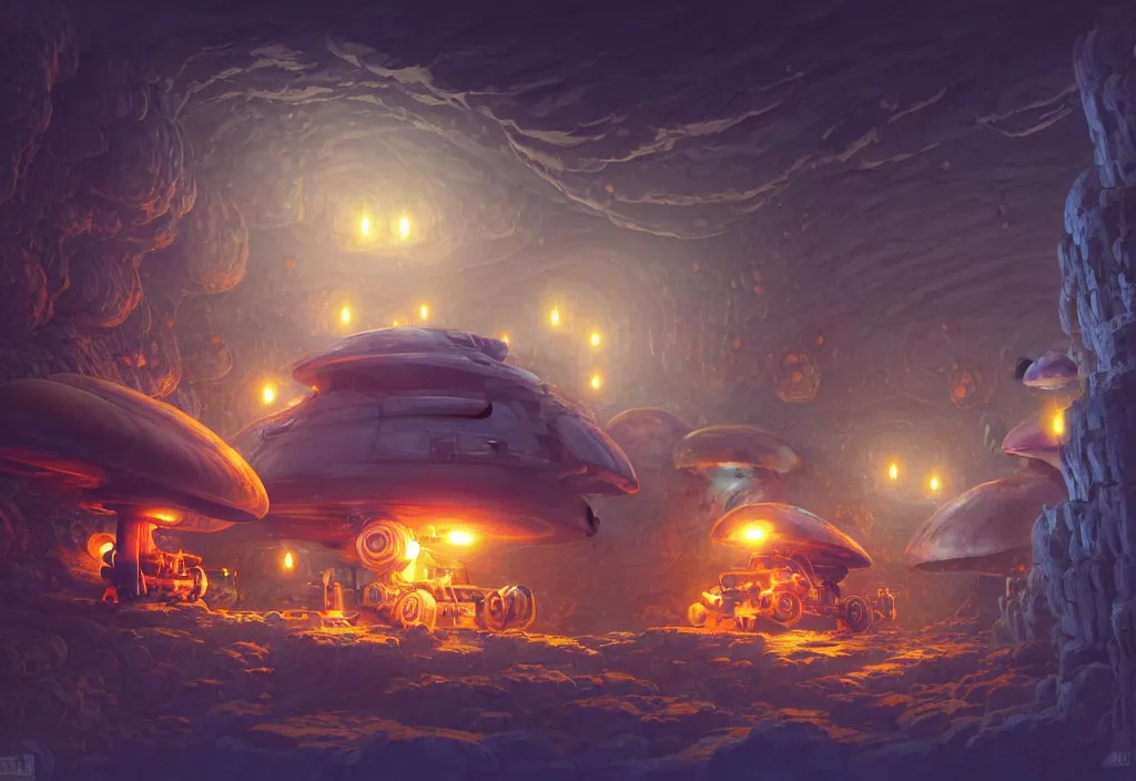 Image similar to chubby futuristic mining cart in a dark cave filled with giant brown mushrooms, intricate oil painting, high detail illustration, sharp high detail, manga and anime 1 9 9 9, official fanart behance hd artstation by jesper ejsing and makoto shinkai, 4 k,