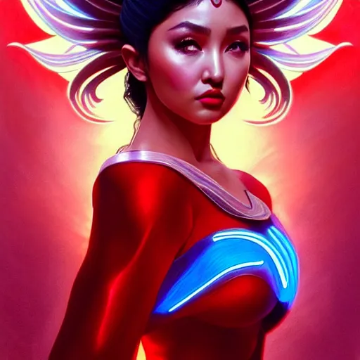 Image similar to nadine lustre as darna, volumetric lights, red and cyan theme, art nouveau botanicals, intricate, highly detailed, digital painting, artstation, concept art, smooth, sharp focus, cinematic, illustration, beautiful face, art by artgerm and greg rutkowski and alphonse mucha