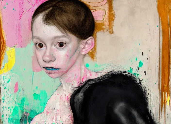 Image similar to portrait of nervous young girl ballerina sitting on the floor focusing in a dance hall by hernan bas and francis bacon and pat steir and hilma af klint, psychological, photorealistic, symmetrical face, dripping paint, washy brush, matte painting, rendered in octane, altermodern, masterpiece