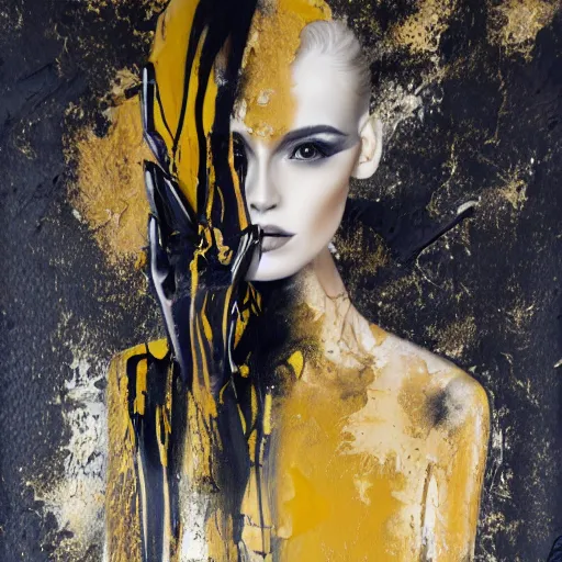 Prompt: liquid marble acrylic fluid paint, black ink, golden and black liquid materials, abstract art, beautiful female model full body portrait